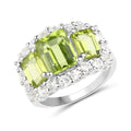 4.40 Ct Octagon Green Peridot Prong Silver Three Stone Halo Ring by Fine Color Jewels