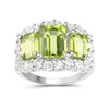 4.40 Ct Octagon Green Peridot Prong Silver Three Stone Halo Ring