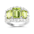 4.40 Ct Octagon Green Peridot Prong Silver Three Stone Halo Ring by Fine Color Jewels