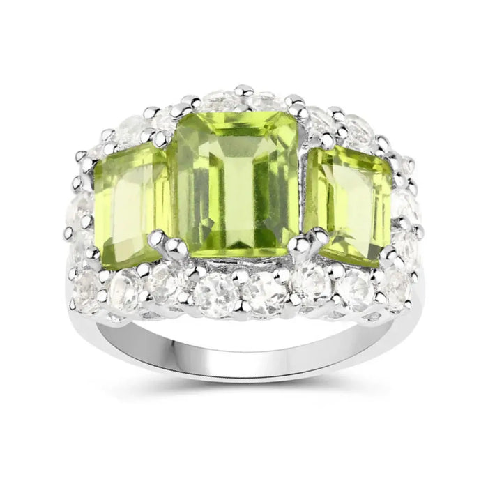 4.40 Ct Octagon Green Peridot Prong Silver Three Stone Halo Ring by Fine Color Jewels