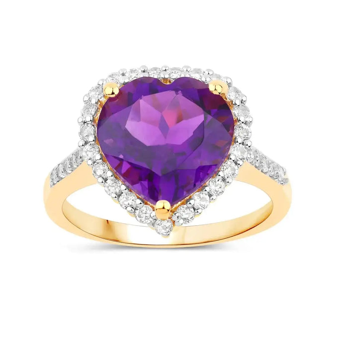 4.86 Ct Heart Purple Amethyst and White Topaz Prong Silver Halo Pave Promise Ring by Fine Color Jewels