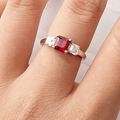 Octagon Red Lab Grown Ruby Prong Silver Three Stone Promise Ring by Fine Color Jewels