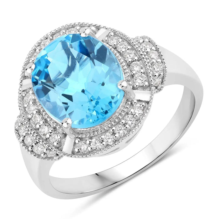 4 Ct Oval Swiss Blue Topaz and Lab Diamond Silver Halo Statement Ring by Fine Color Jewels