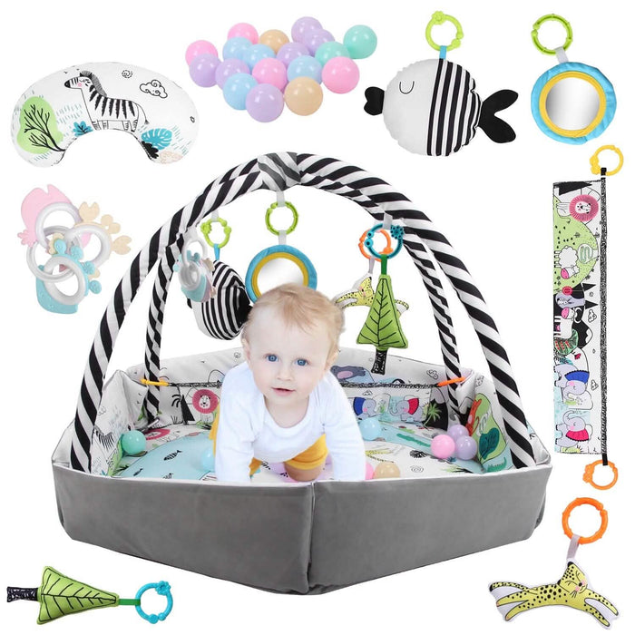 4-in-1 Baby Gym Play Mat Ball Pit with Pillow 18 Balls 9 Toys for 0-3 Years Old by DailySale