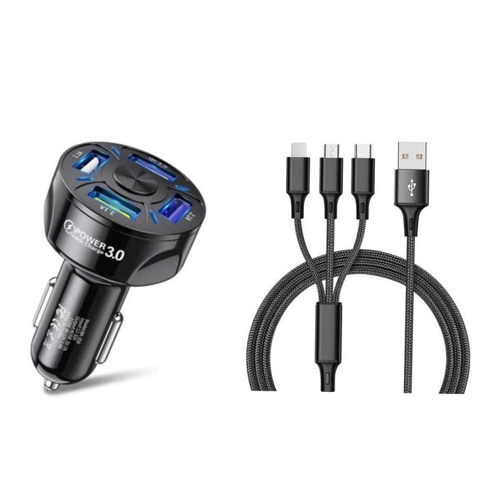 4 Port LED Car Charger + 3 in 1 Cable Combo by DailySale