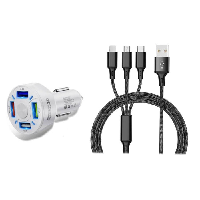 4 Port LED Car Charger + 3-in-1 Cable Combo by DailySale