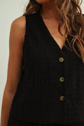 Crinkled Fabric Sleeveless Button Front Top | Black by Boutique 23