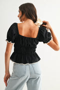 Smocked Peplum Top With Puff Sleeves by Boutique 23