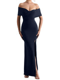 LAGSHIAN Women's Bodycon Off Shoulder Ruched Split Hem Dress Navy Size S by Deal US