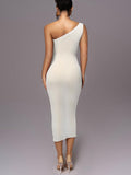 LAGSHIAN Women's Sexy Bodycon One Shoulder Mesh Ruched Midi Dress White Size L by Deal US