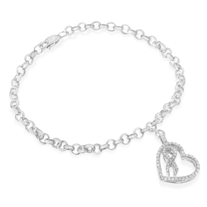 .925 Sterling Silver 1/4 Cttw Diamond-Accented Heart and Ribbon Charm 7" Link Chain Bracelet (H-I Color, I1-I2 Clarity) by Bids.com