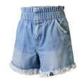Tinseltown Juniors Pull-on Frayed Denim Shorts, Blue, Size Large by Vanessa Jane