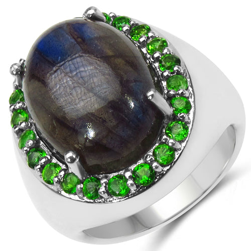 11.90 Carat Genuine Labradorite & Chrome Diopside .925 Sterling Silver Ring by Bids.com