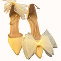 Lulus Tanyay Gold Satin Bow Pointed-Toe Ankle Strap Pumps, Size 8.5 by Vanessa Jane