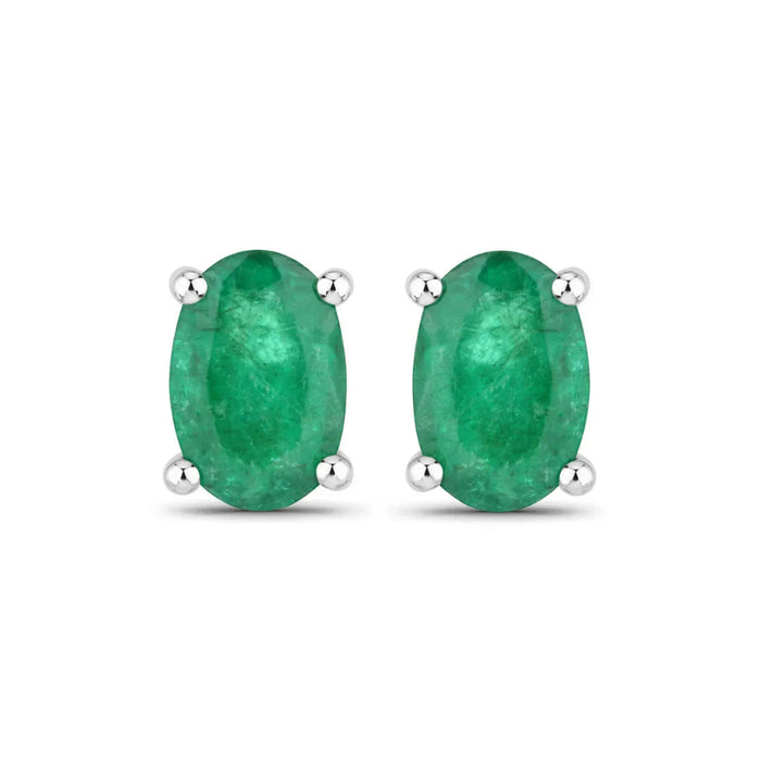 0.88 Ct Oval Green Zambian Emerald Prong 10K Gold Stud Earrings by Fine Color Jewels