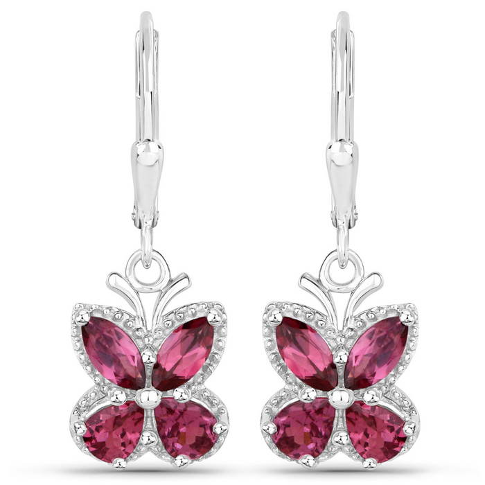 2.52 Ct Red Rhodolite Garnet Prong Silver Butterfly Leverback Earrings by Fine Color Jewels