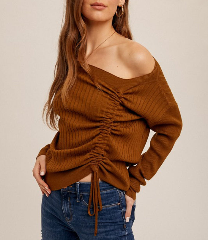 Ruched Drawstring Asymetrical Sweater - Chai by Boutique 23