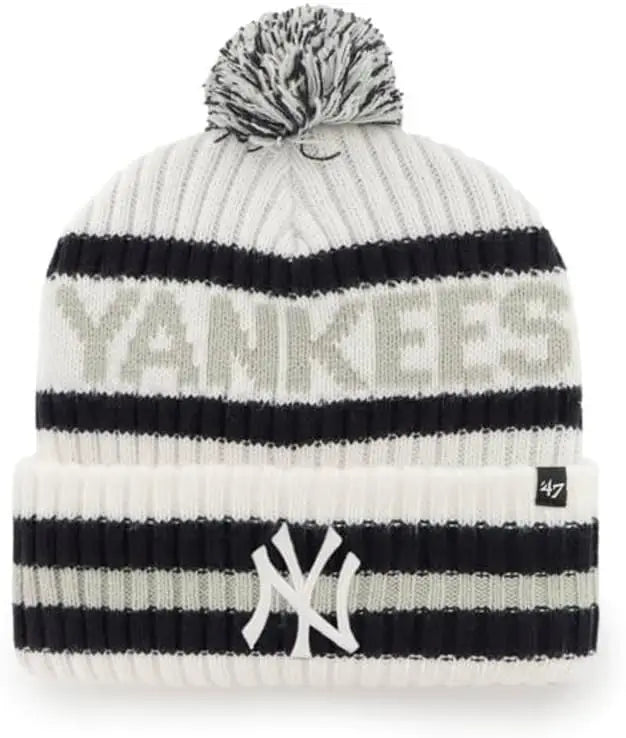 47 New York Yankees Adult Bering Cuffed Knit Pom Beanie Hat - White by I-Max Fashions