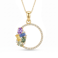 IGI Certified 0.83 Ct Multi Color Unheated Clustered Sapphire Diamond 14K Yellow Gold Wreath Pendant Necklace by Fine Color Jewels