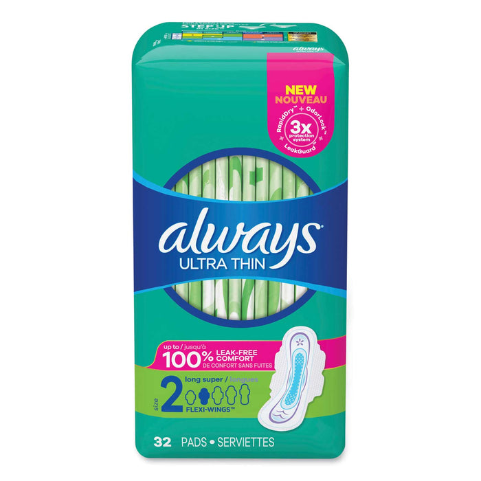 Always Ultra Thin Pads With Wings, Size 2, Long, Super Absorbent, 32/Pack, 3 Packs/Carton by Pasteur Pharmacy