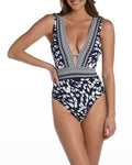 La Blanca Tides Plunge One-Piece Swimsuit in Indigo, Size 14 by Vanessa Jane