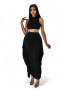 Two Piece Mock Neck Crop Top Ruched Fringed Skirt Set by The House of Stylez