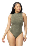 Washed Seamless Solid Mock Neck Basic Bodysuit by The House of Stylez
