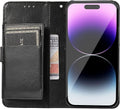 iPhone 14 Pro Max Protection Kit Bundle - Leather Folio Wallet Case with Tempered Glass Screen and Camera Protector (Black) by Zerodamage Sahara Case LLC