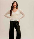 Pointelle Tie Waist Sweater Top - Off White by Boutique 23
