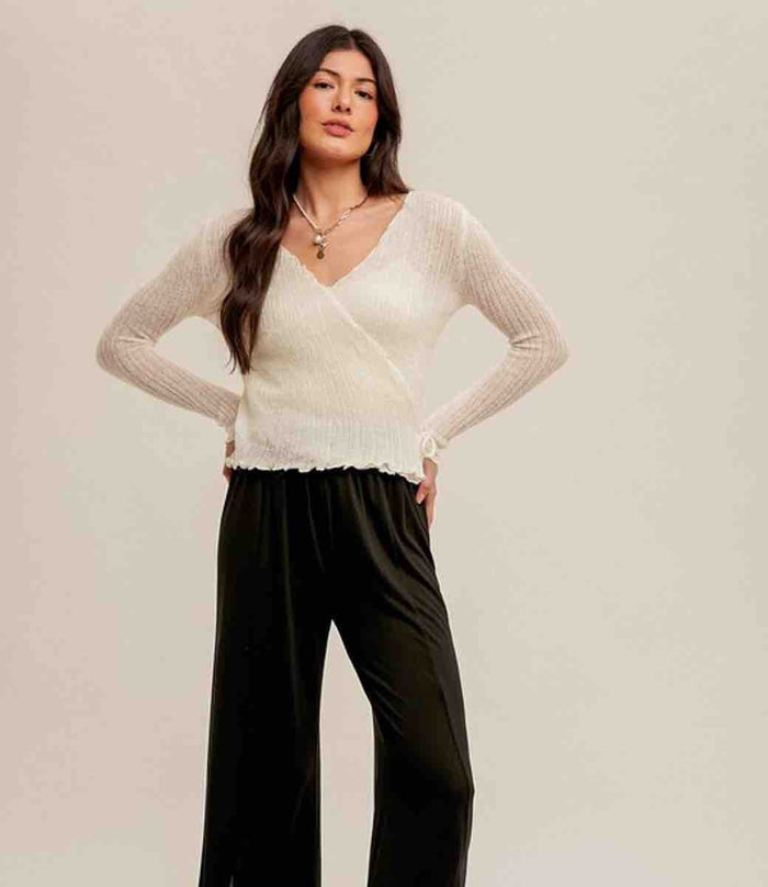 Pointelle Tie Waist Sweater Top - Off White by Boutique 23