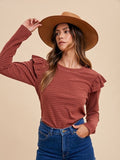 Soft Touch Striped Ruffle Shoulder Top - Brick Red by Boutique 23