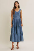 Summer Roadtrip Sustainable Denim Tiered Midi Dress by Boutique 23