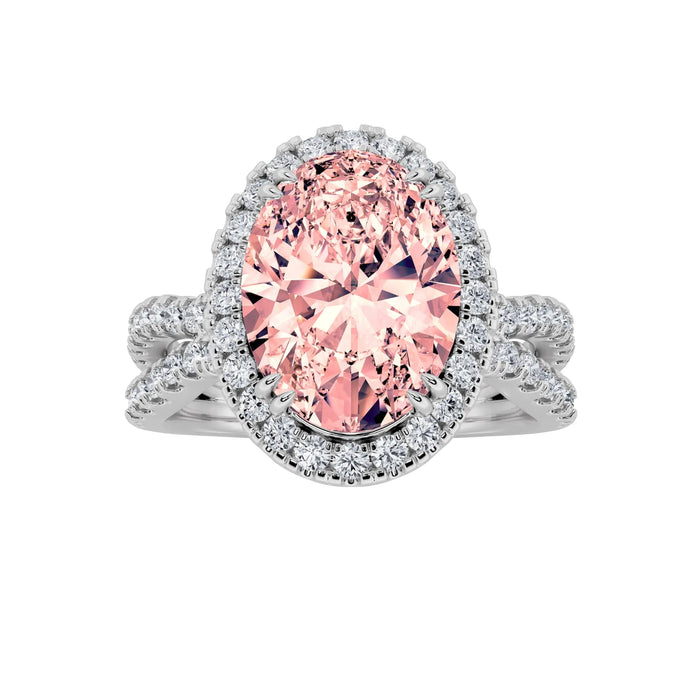 4Cttw Oval Shaped Pink Lab Grown Diamond (F/VS) Split Shank Halo Engagement Ring 14K Gold by Fine Color Jewels
