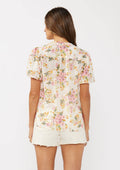 Floral Puff Sleeve Button-Down Top: Natural/Dusty Pink by Boutique 23
