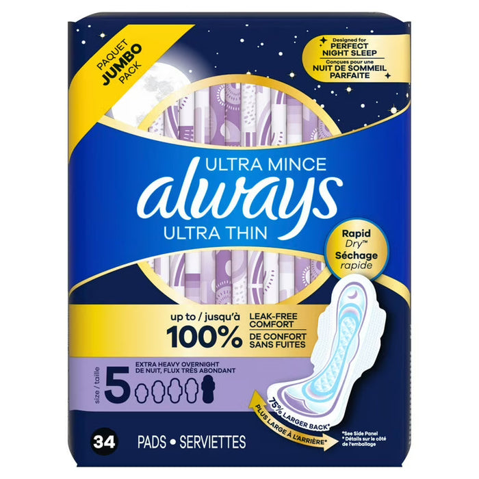 Always Ultra Thin Size 5 Extra Heavy Overnight Pads with Wings 3 Packs of 34 by Pasteur Pharmacy