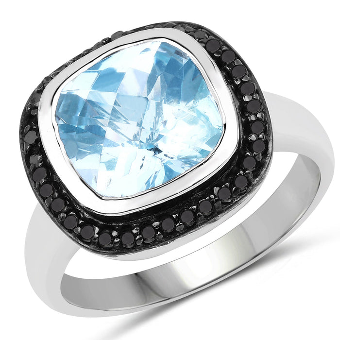 5.23 Carat Genuine Baby Swiss Blue Topaz and Black Diamond .925 Sterling Silver Ring by Bids.com