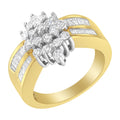 10K Yellow Gold 1.0 Cttw Round & Baguette Cut Diamond Floral Cluster Double-Channel Flared Band Statement Ring (H-I Color, SI2-I1 Clarity) - Size 6-1/2 by Bids.com