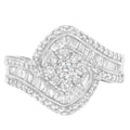 14K White Gold 1 Cttw Baguette and Round Diamond Floral Swirl Cluster Cocktail Ring by Bids.com