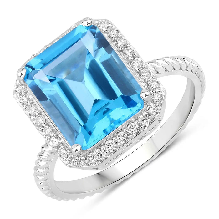 5.45 Ct Octagon Swiss Blue Topaz and Lab Diamond Prong Silver Halo Ring by Fine Color Jewels