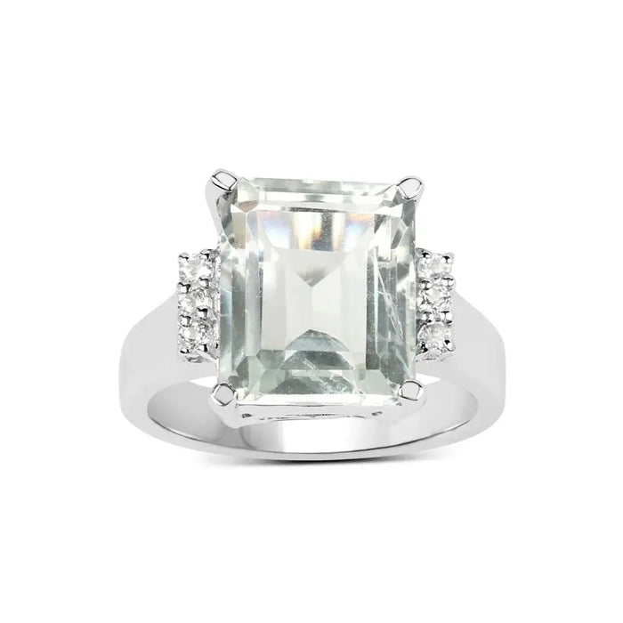 5.54 Ct Octagon Green Amethyst and White Topaz Prong Silver Solitaire Ring by Fine Color Jewels