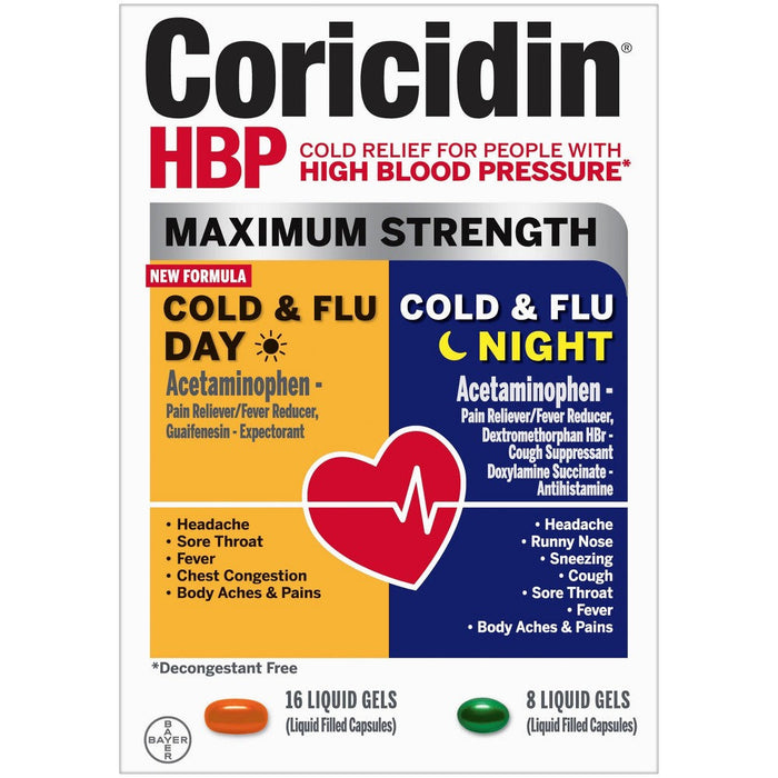 Coricidin HBP Maximum Strength Day/Night Cold & Flu 24 Liquid Gels by Pasteur Pharmacy