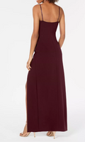Emerald Sundae Juniors’ High-Slit Gown, Wine, Size Large by Vanessa Jane