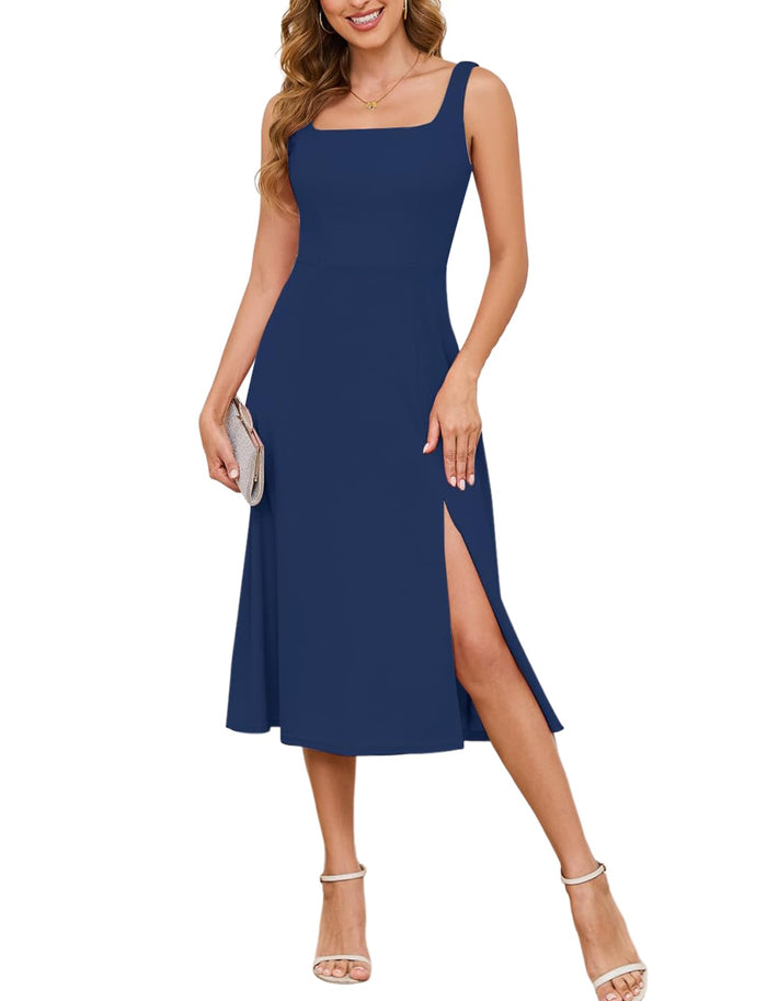 Gardenwed Womens Square Neck Midi Dress Sleeveless Slit Cocktail Navy M by Deal US