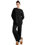 SUUKSESS Women Lounge 2PC Pajama Set Long Sleeve Top Wide Leg Pants Black M by Deal US