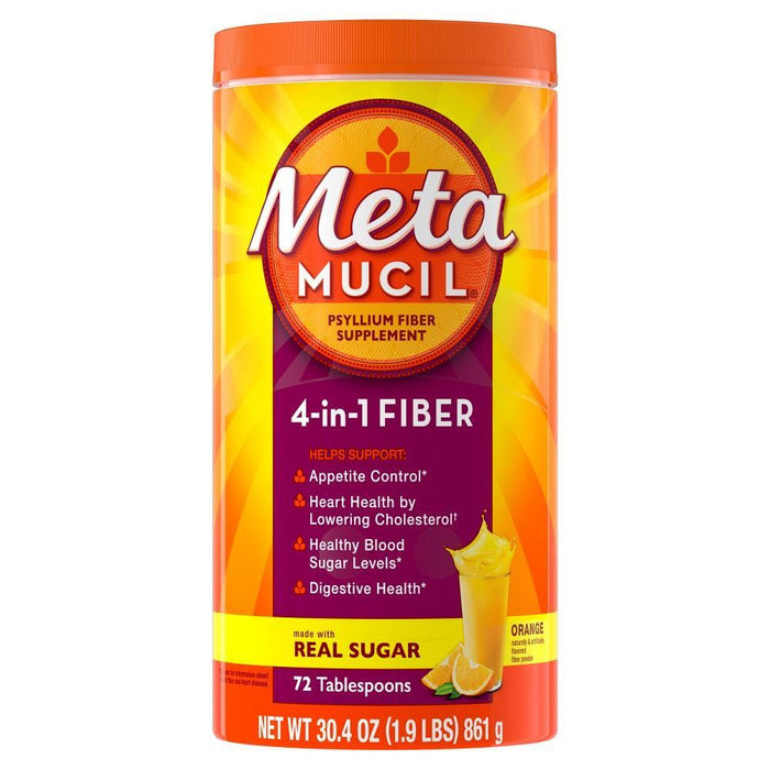 Metamucil Fiber, 4-in-1 Psyllium Fiber Supplement Powder With Real Sugar, Orange Smooth Flavored Drink, 72 Servings by Pasteur Pharmacy