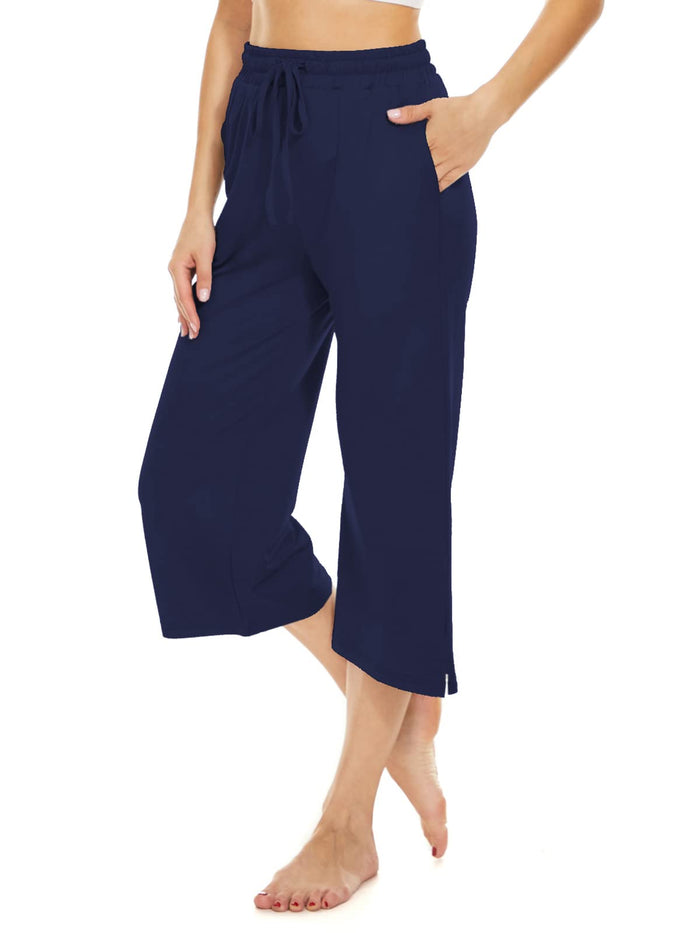 BATHRINS Womens Wide Leg Capri Pants Drawstring Pockets Navy Size M by Deal US