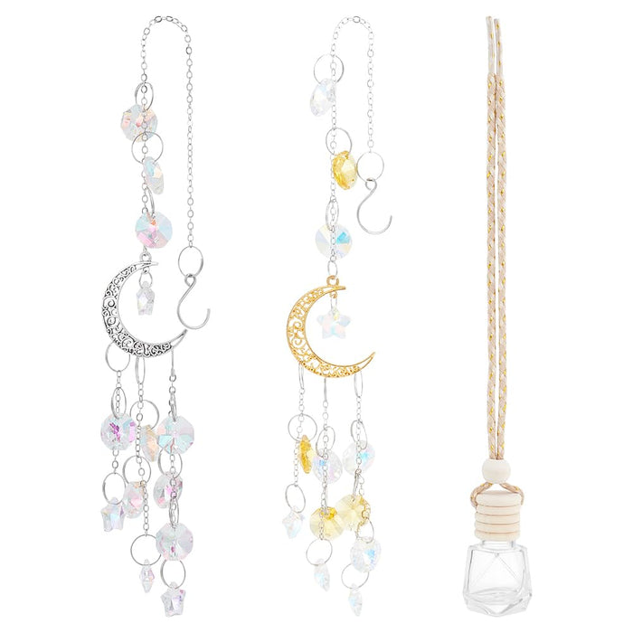 NBEADS 3 Pcs 3 Styles Crystal Car Mirror Hanging Accessories, Moon Star Sun Catcher Decor with Empty Perfume Bottle Crystal Boho Car Mirror Charm for Home Window Decoration,9.15-13.78inch
