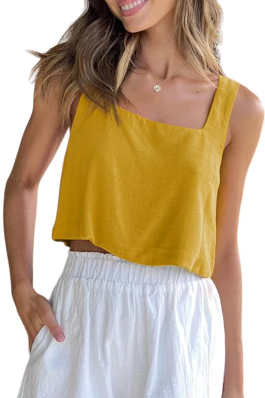 Allimy Women's Square Neck Sleeveless Crop Tank Top Yellow Size M by Deal US