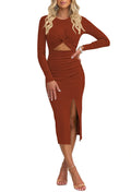 Duigluw Cutout Twist Front Crisscross Bodycon Midi Dress Brown Size L by Deal US