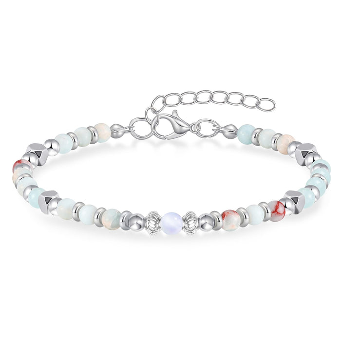 Moonstone Beaded Bracelet for Women - Adjustable Silver Boho Healing Crystal Jew